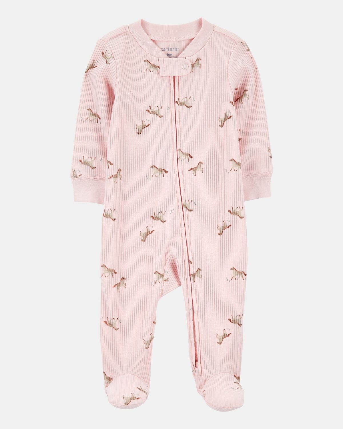 Baby Girl Horse Print 2-Way Zip Ribbed Sleep & Play Pajamas - Pink