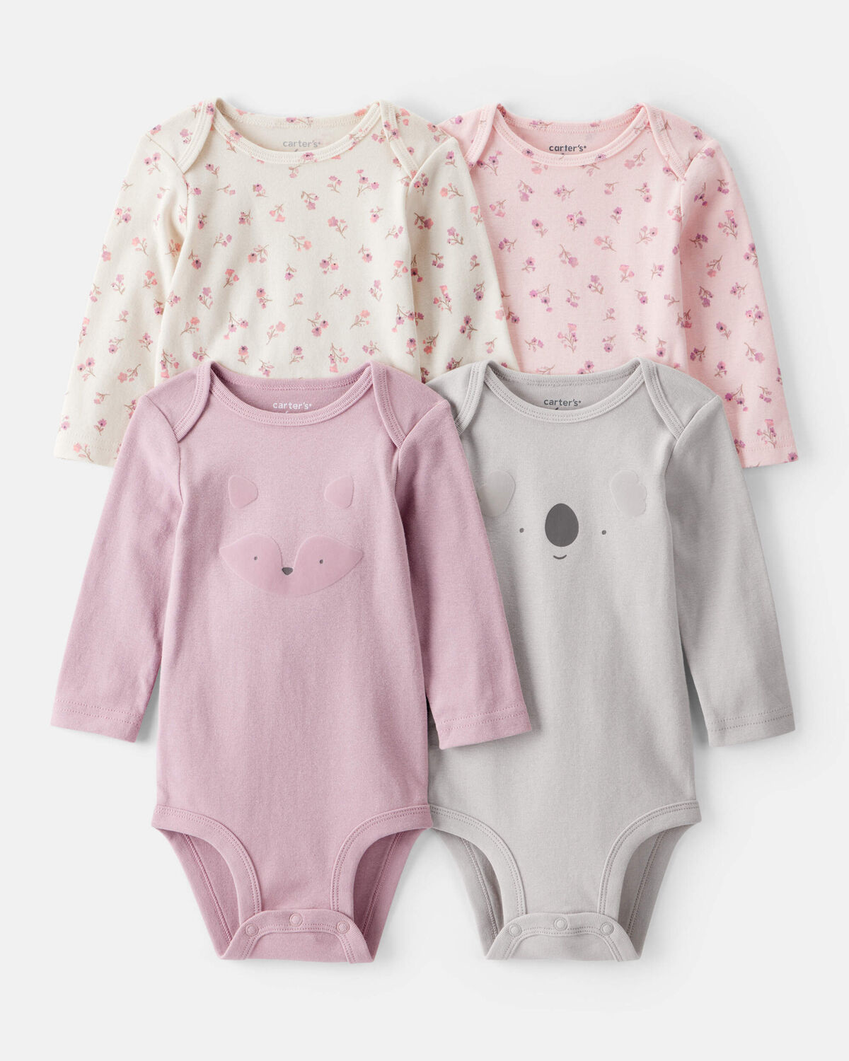 Baby Girl 4-Pack Koala Print Cotton Long-Sleeve Multipack Bodysuits - Multi