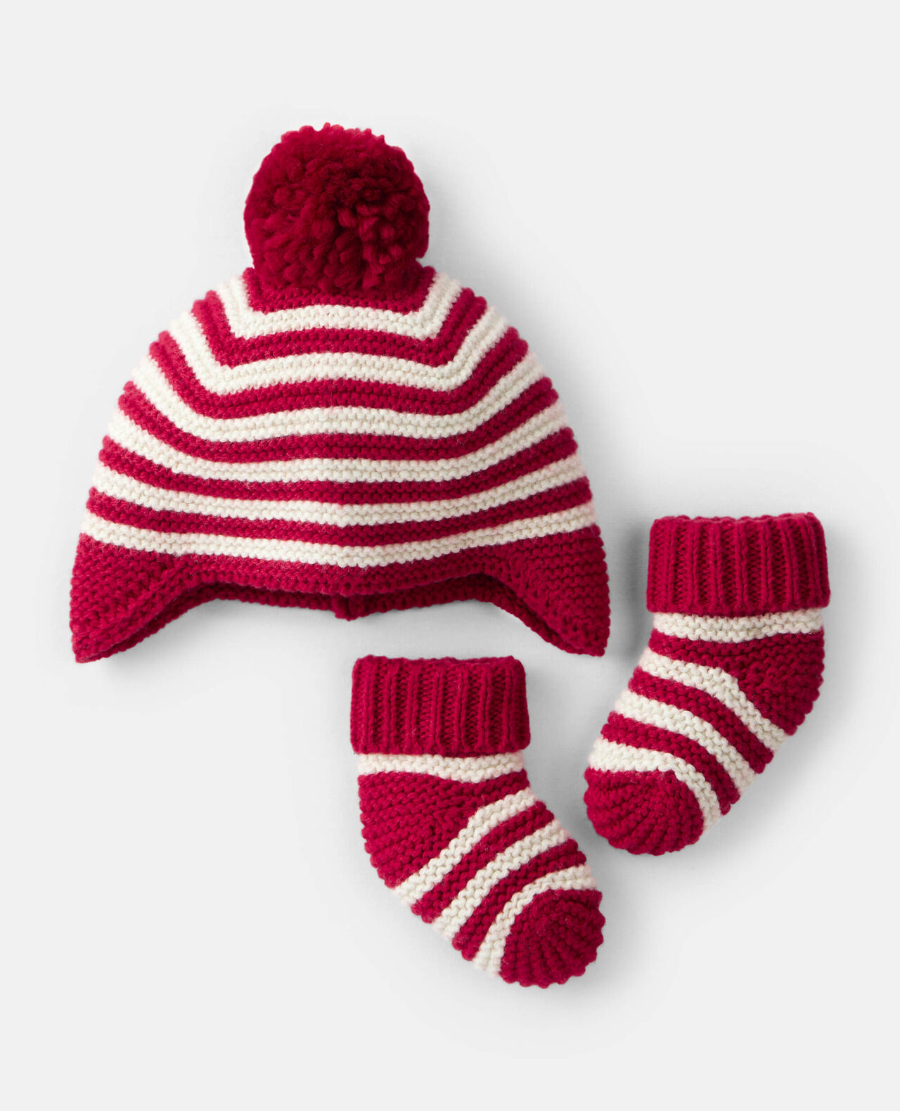 Baby Striped Crochet Pom Winter Hat & Socks Set - Red/White - Image 2