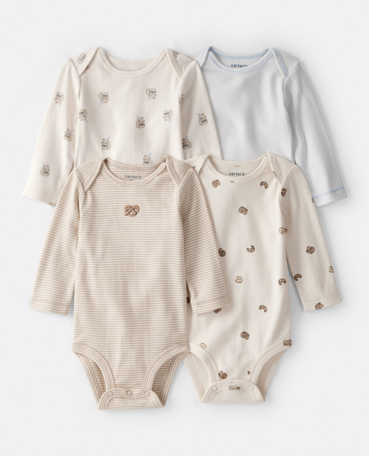 Baby 4-Pack Snack Time Long-Sleeve Multipack Bodysuits - Blue/White/Brown - Image 7