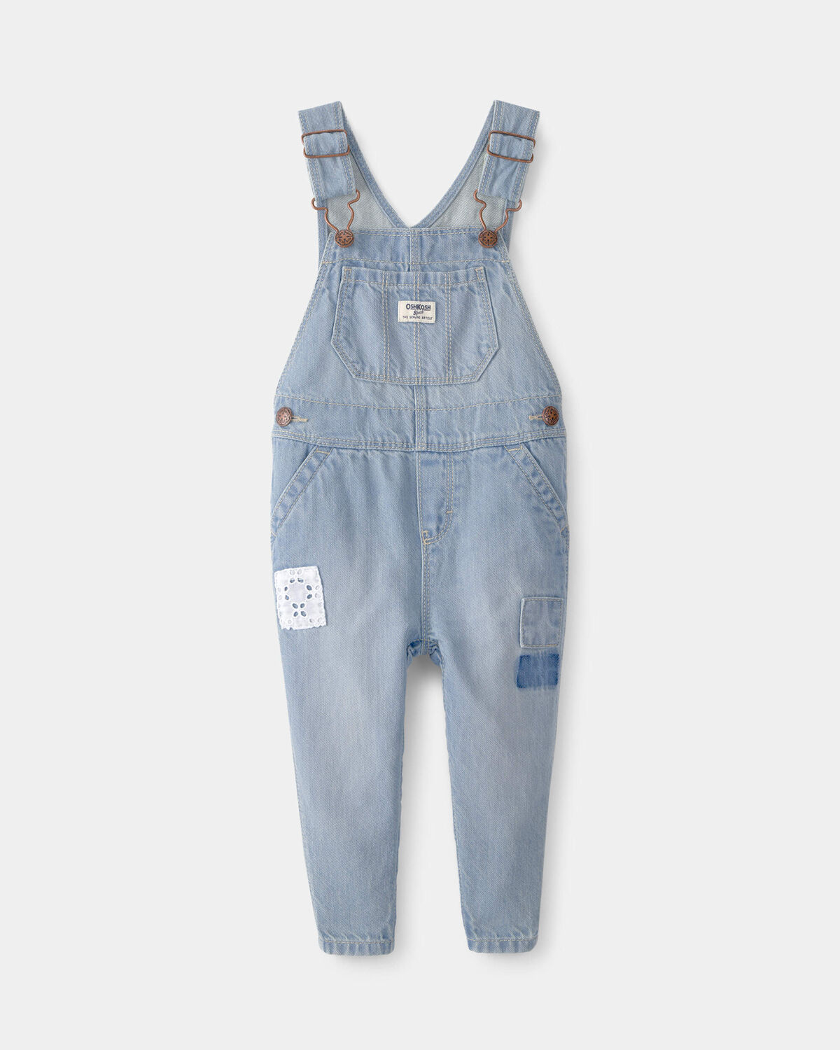 Baby Girl Denim Patch Overalls - Light Wash