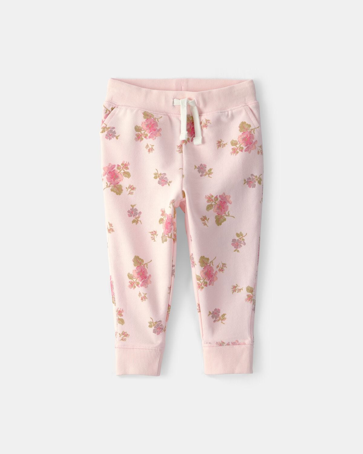 Baby Girl Floral Drawstring Knit Joggers - Pink
