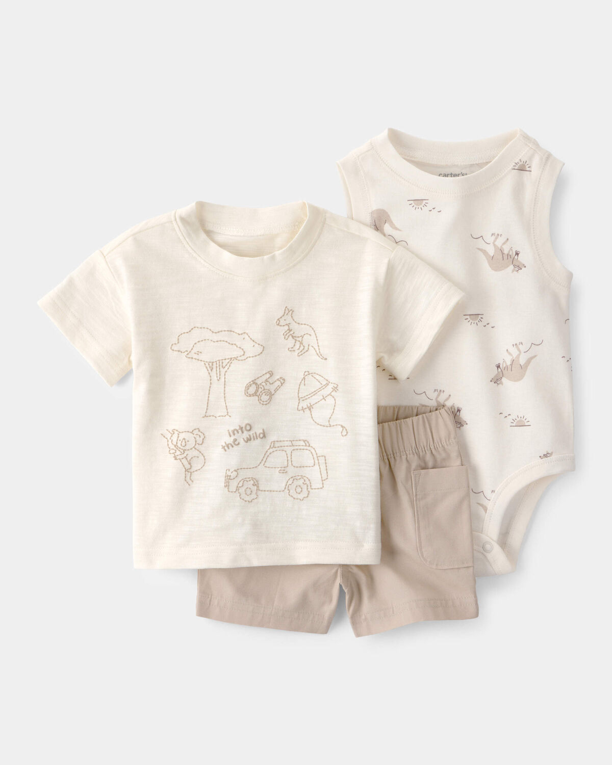 Baby Boy 3-Piece Into The Wild Top, Bodysuit & Short Set - Ivory/Brown