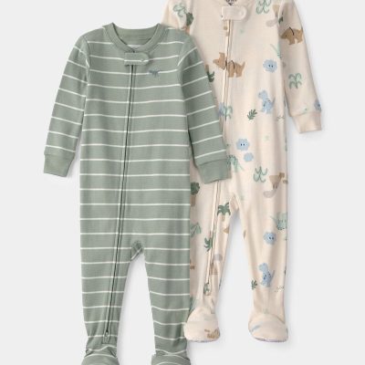 Baby 2-Pack Dinosaur Striped Snug Fit 1-Piece Pajama - Green/Cream
