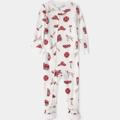 Baby Boy Firetruck 100% Cotton Snug Fit 1-Piece Pajama - White