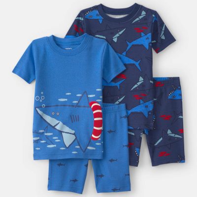 Baby Boy Shark 100% Cotton Short-Sleeve Snug Fit 4-Piece Pajama Set - Blue