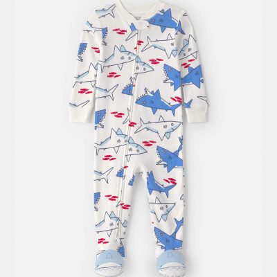 Baby Boy Shark 100% Cotton Snug Fit 1-Piece Pajama - Ivory/Blue