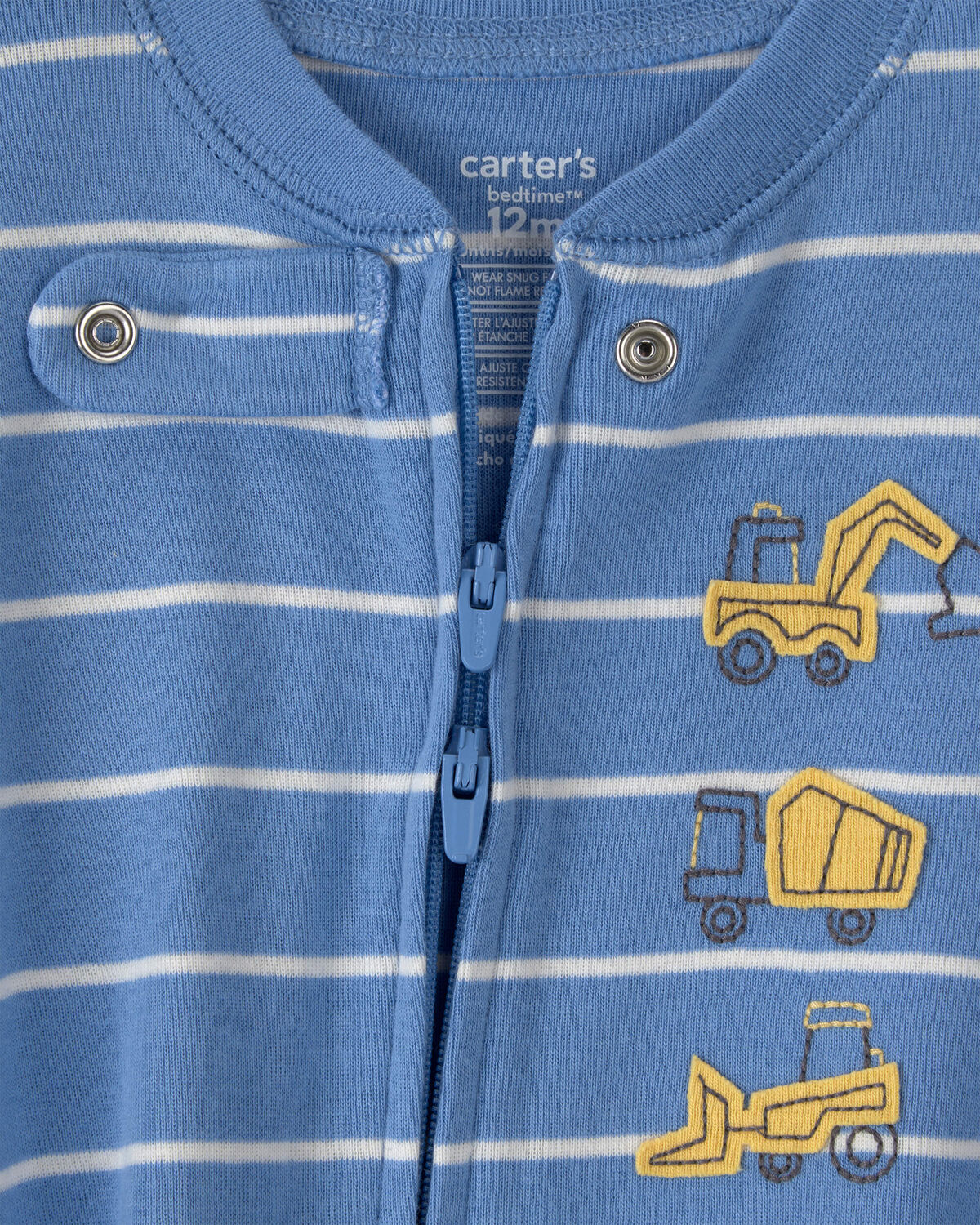 Baby Boy Construction Striped 100% Cotton Snug Fit 1-Piece Pajama - Blue - Image 3