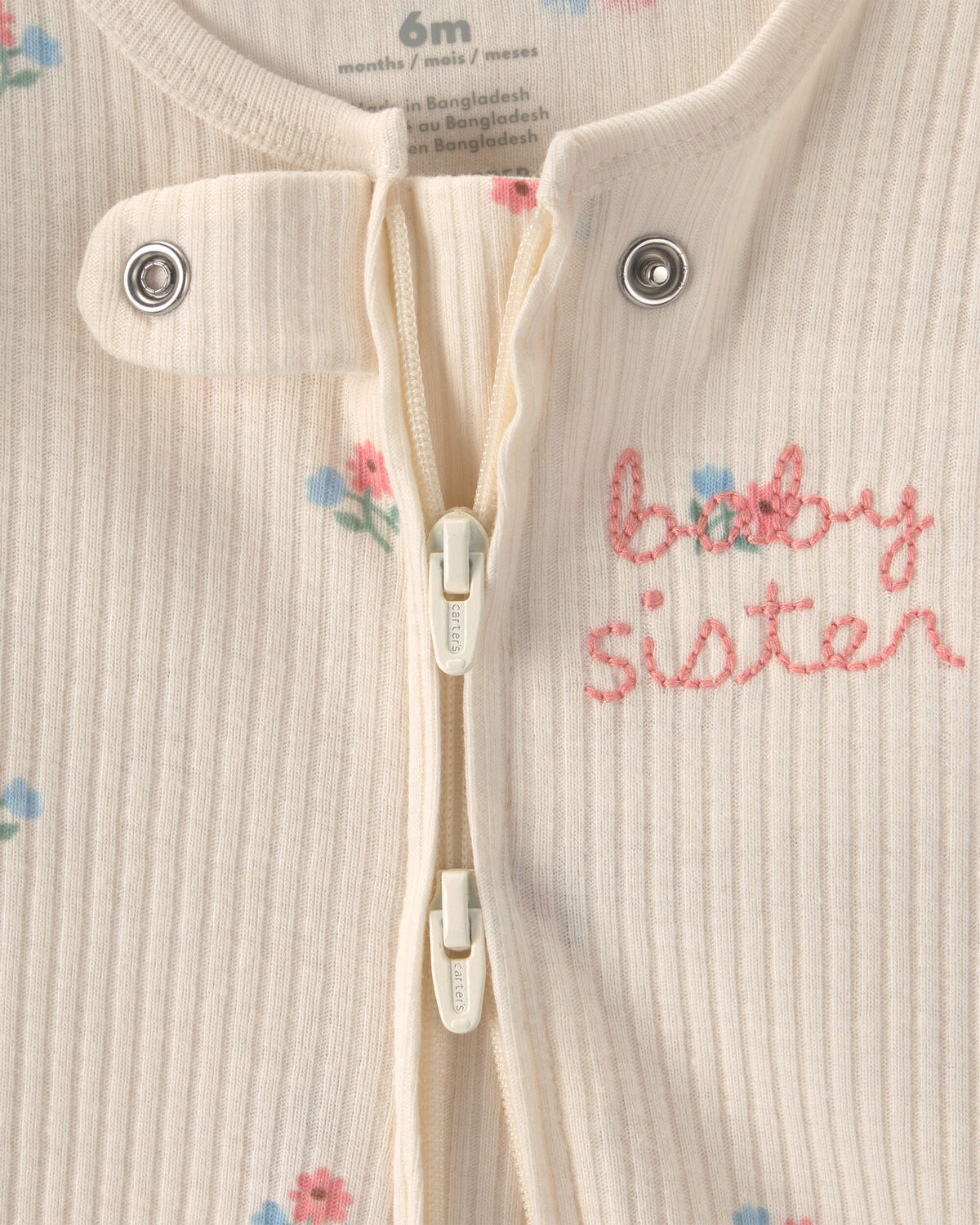 Baby Girl 'Baby Sister' Cotton 2-Way Zip Sleep & Play Pajamas - Ivory - Image 2