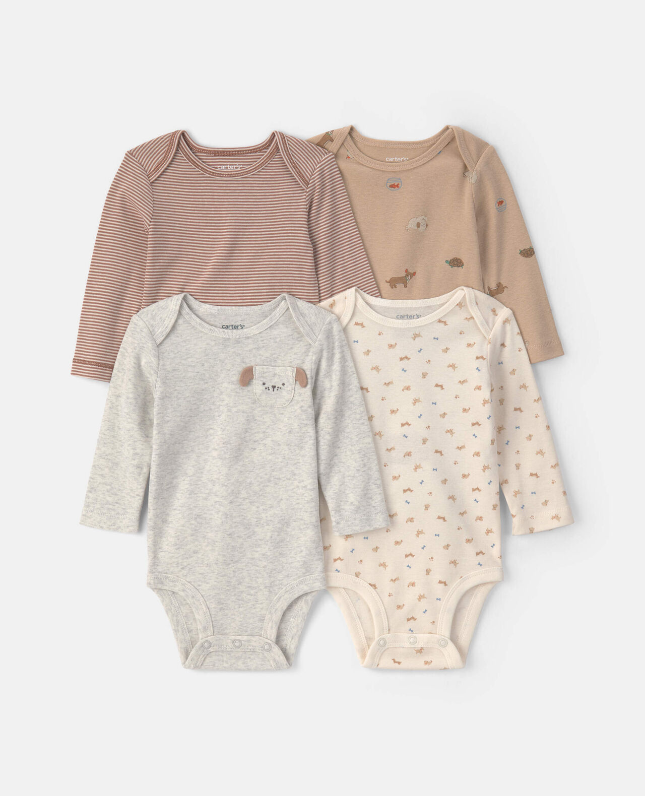 Baby 4-Pack Dog Long-Sleeve Bodysuits - Brown/Grey/Ivory - Image 6