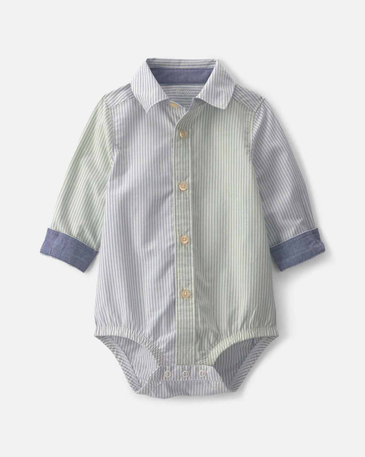 Baby Boy Poplin Long-Sleeve Button-Down Bodysuit - Blue/Green
