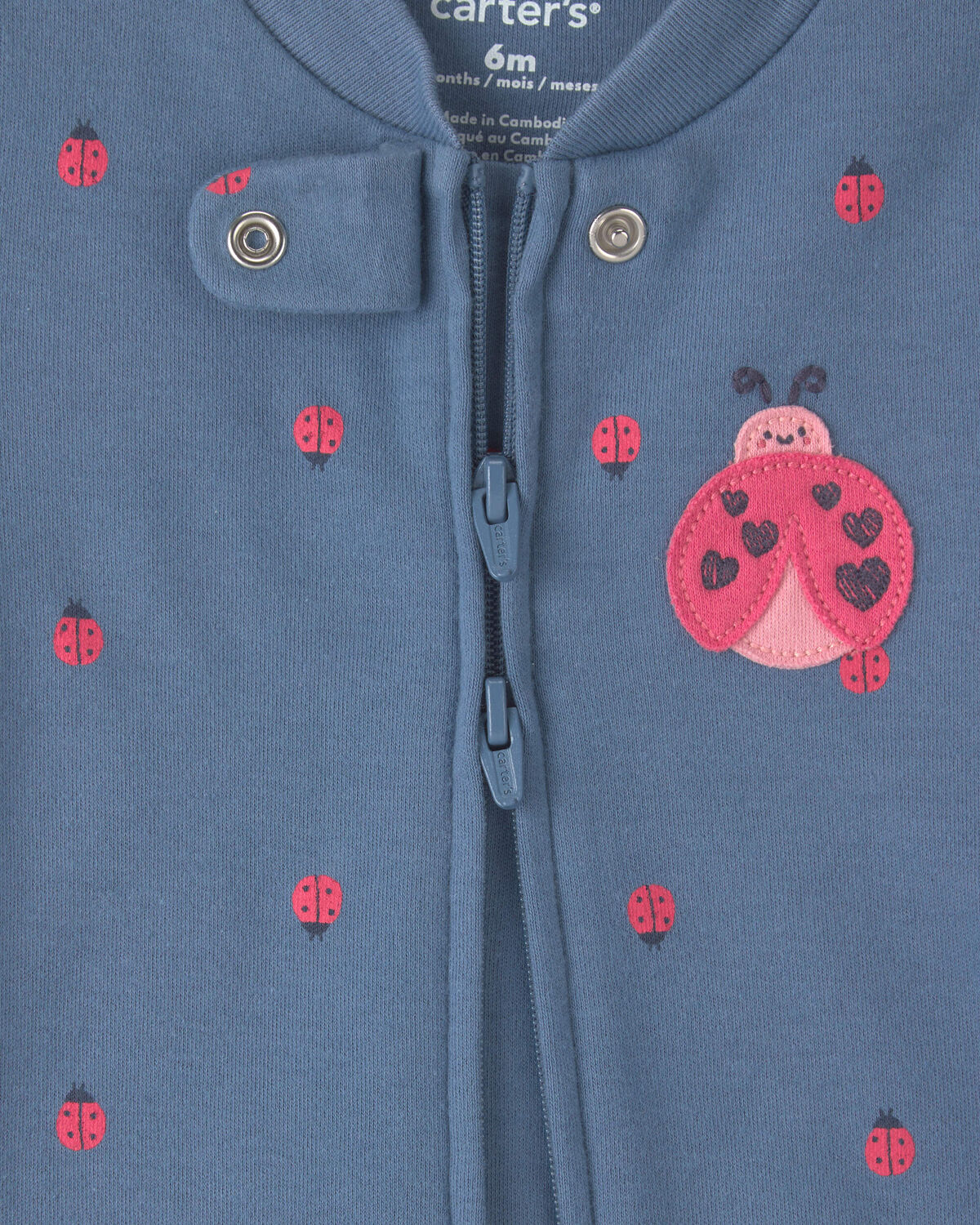 Baby Girl Ladybug 100% Cotton 2-Way Zip Sleep & Play Pajamas - Blue - Image 2