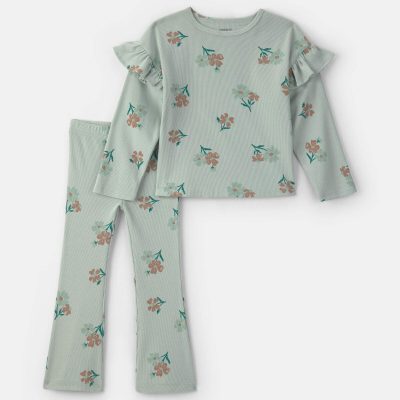 Baby Girl Floral Long-Sleeve Top & Pant Set - Green