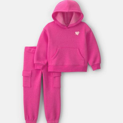 Baby Girl Heart Fleece Hoodie & Pant Set - Pink