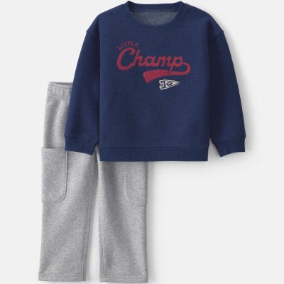 Baby Boy 2-Piece 'Little Champ' Football Fleece Top & Pant Set - Navy Blue/Grey