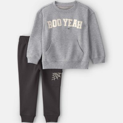 Baby Boy 2-Piece 'Boo Yeah' Halloween French Terry Sweatshirt & Pant Set - Grey/Black