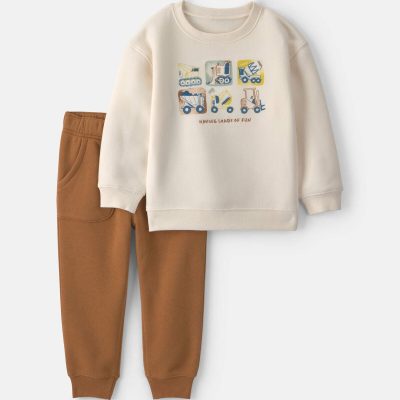 Baby Boy 2-Piece Construction Fleece Top & Pant Set - Cream/Brown
