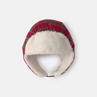 Baby Boy Christmas Plaid Flannel Teddy Fleece Hat - Red