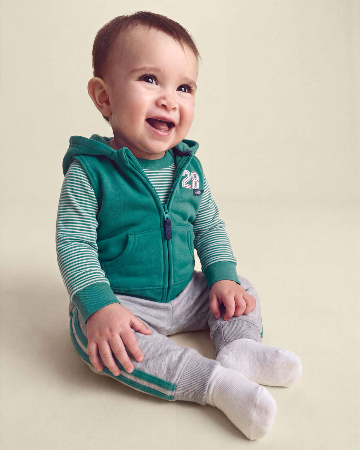 Baby Boy 3-Piece '28' Varsity Hooded Layering Set - Green - Image 7