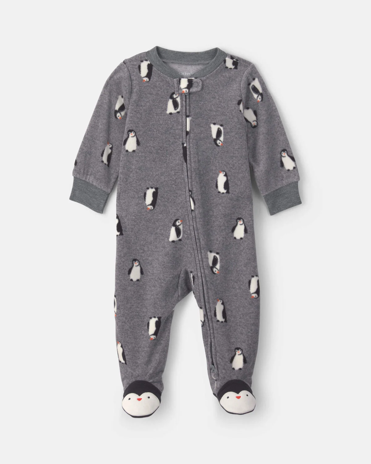 Baby Boy Penguin Fleece 2-Way Zip Sleep & Play Pajamas - Grey