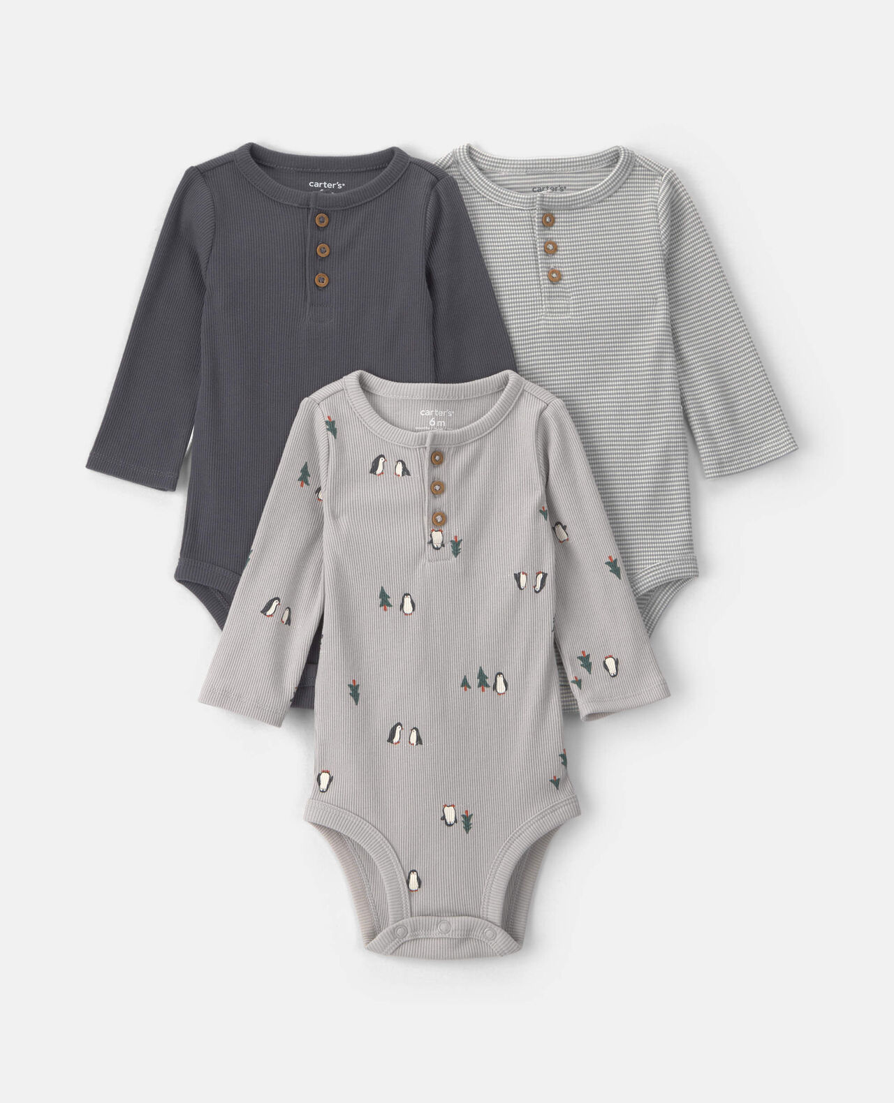 Baby Boy 3-Pack Penguin Long-Sleeve Multipack Bodysuits - Grey - Image 5