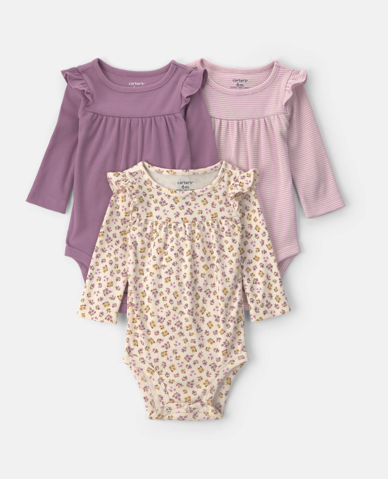 Baby Girl 3-Pack Floral Long-Sleeve Multipack Bodysuits - Purple - Image 5