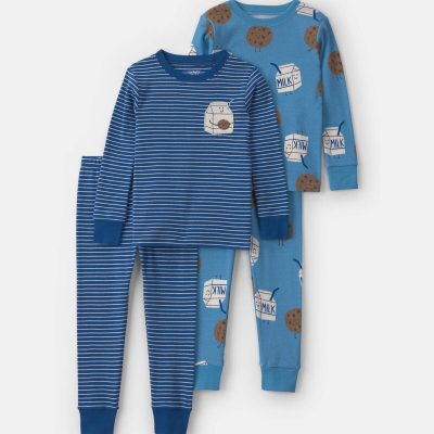 Baby Boy 4-Piece Milk & Cookies 100% Cotton Snug Fit Pajama Set - Blue