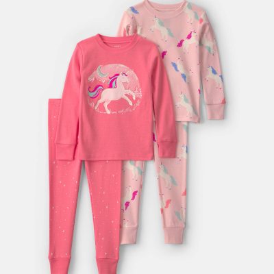Baby Girl 4-Piece Unicorn 100% Cotton Snug Fit Pajama Set - Coral/Pink