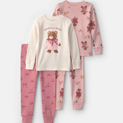 Baby Girl 4-Piece Bear Varsity 100% Cotton Snug Fit Pajama Set - Pink/Cream