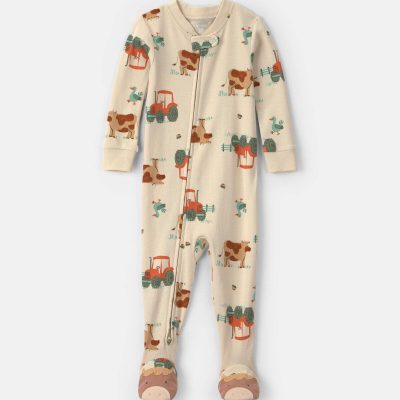 Baby Boy 1-Piece Farm 2-Way Zip 100% Cotton Snug Fit Footed Pajama - Cream