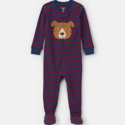 Baby Boy 1-Piece Dog Striped 2-Way Zip 100% Cotton Snug Fit Footed Pajama - Burgundy/Blue
