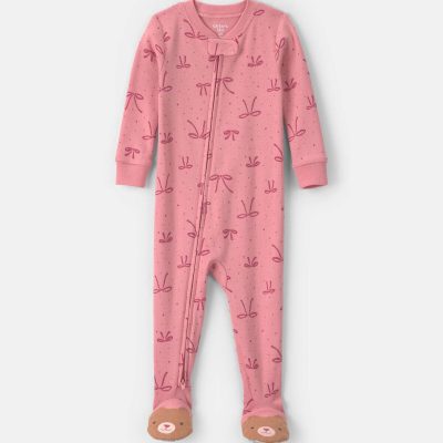 Baby Girl 1-Piece Bows 2-Way Zip 100% Cotton Snug Fit Footed Pajama - Pink