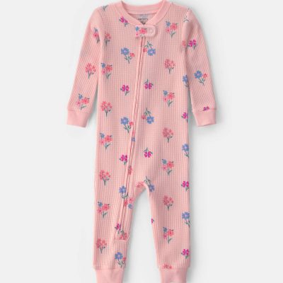 Baby Girl 1-Piece Floral Thermal Waffle Knit Pajama - Pink