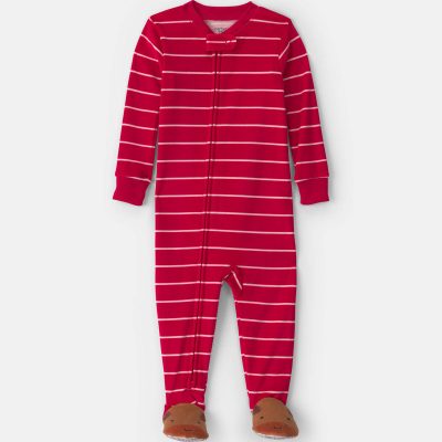 Baby Boy 1-Piece Moose Striped 2-Way Zip DreamPlush Snug Fit Footed Pajama - Red