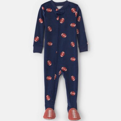 Baby Boy 1-Piece Football 2-Way Zip DreamPlush Snug Fit Footed Pajama - Navy Blue