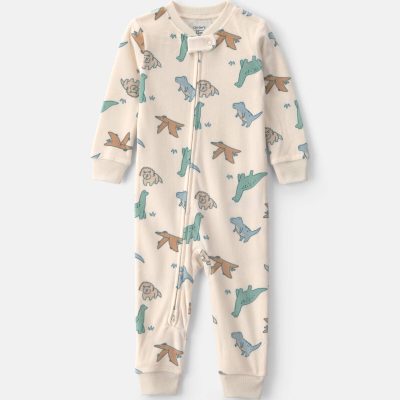 Baby Boy 1-Piece Dino 2-Way Zip DreamPlush Snug Fit Pajama - Cream