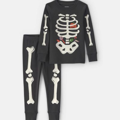 Baby 2-Piece Halloween Glow in the Dark Skeleton 100% Cotton Snug Fit Pajama Set - Charcoal