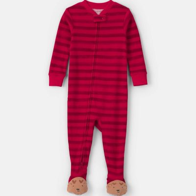 Baby 1-Piece Striped Reindeer 2-Way Zip 100% Cotton Snug Fit Footed Pajama - Red