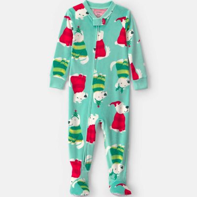Baby 1-Piece Christmas Dogs 2-Way Zip DreamPlush Snug Fit Footed Pajama - Green