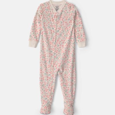 Baby Girl 1-Piece Floral 2-Way Zip DreamPlush Snug Fit Footed Pajama - Cream