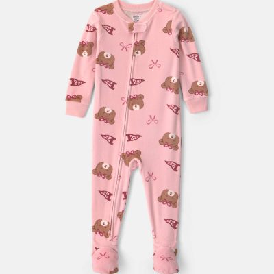 Baby Girl 1-Piece Bears & Bows 2-Way Zip DreamPlush Snug Fit Footed Pajama - Pink