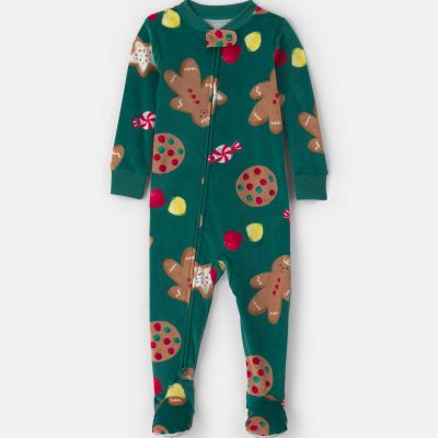 Baby 1-Piece Christmas Gingerbread 2-Way Zip DreamPlush Snug Fit Footed Pajama - Green