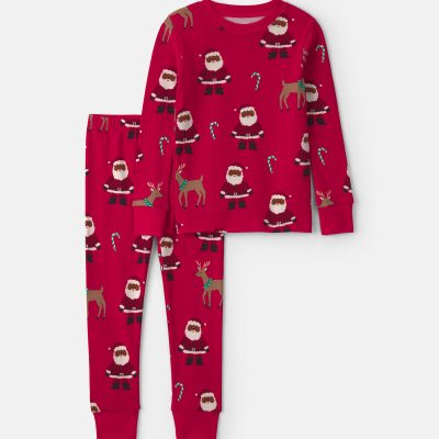 Baby 2-Piece Brown Santa Christmas 100% Cotton Snug Fit Pajama Set - Red