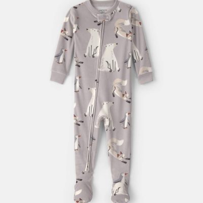 Baby Boy 1-Piece Winter Animals 2-Way Zip DreamPlush Snug Fit Footed Pajama - Grey