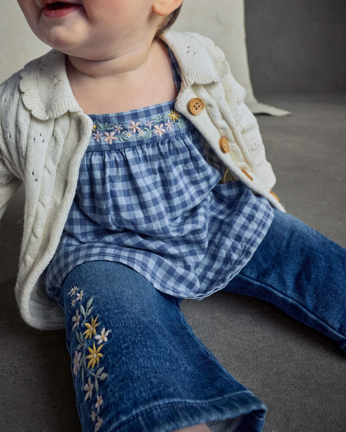 Baby Girl Floral Denim Jeans - Medium Wash - Image 3