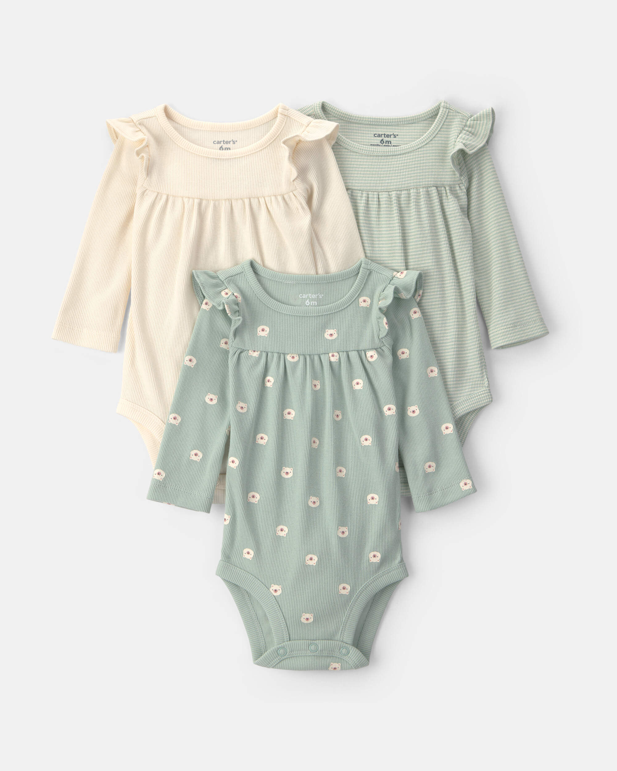 Baby Girl 3-Pack Bear Long-Sleeve Multipack Bodysuits - Cream/Green - Image 5