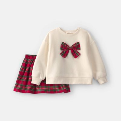 Baby Girl 2-Piece Bow Plaid Fleece Long-Sleeve Top & Skort Set - Cream/Red