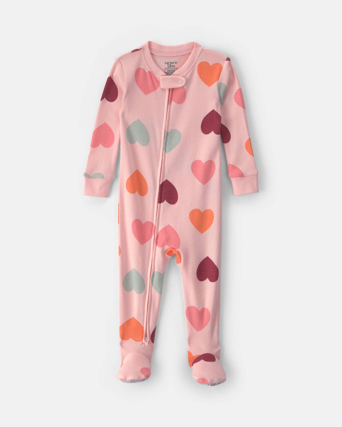 Baby Girl 1-Piece Heart 2-Way Zip 100% Cotton Snug Fit Footed Pajama - Pink