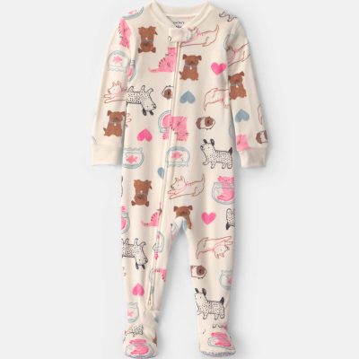 Baby Girl 1-Piece Pets 2-Way Zip DreamPlush Snug Fit Footed Pajama - Cream