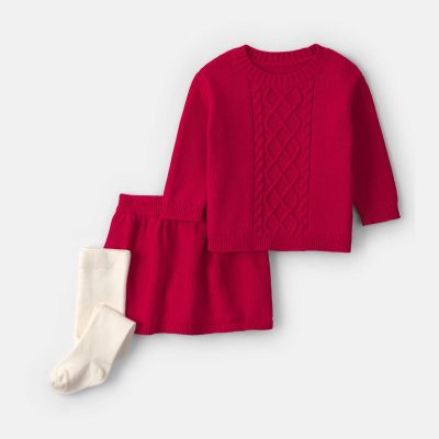 Baby Girl 3-Piece  Long-Sleeve Sweater Dress Set - Red